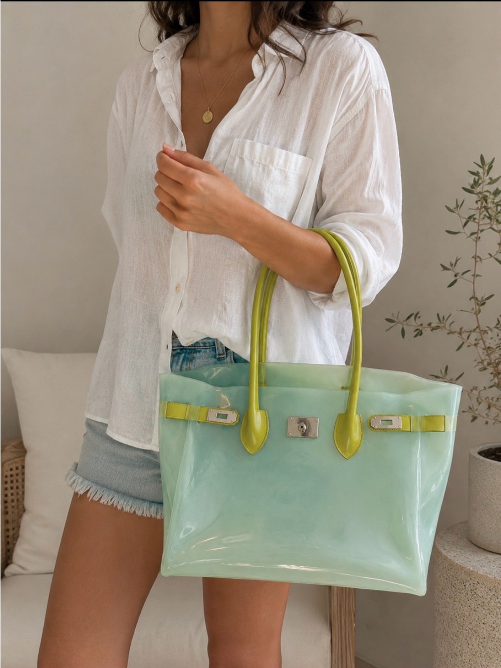 Mint Green Jelly Tote Bag | Birkin-Inspired Waterproof Beach Tote Made in Italy